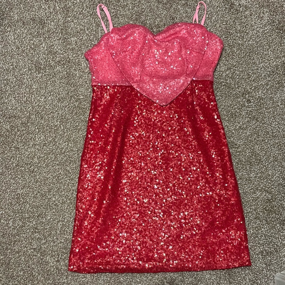 Collective the label red/ pink embellished heart mini dress